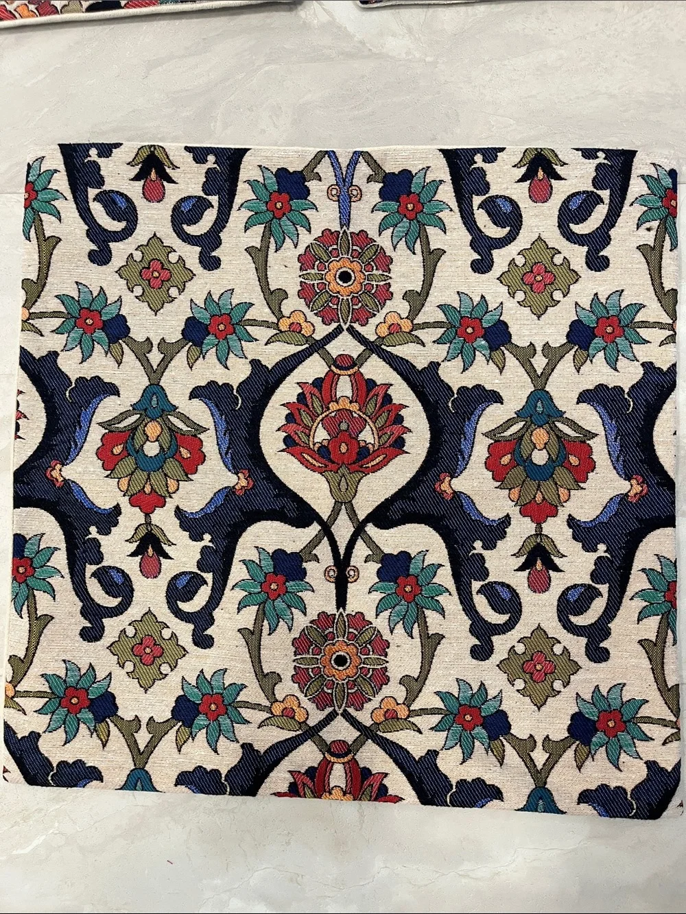 Set of 3 Ornate Tile-Pattern Turkish Ottoman Pillow Covers in Navy, Teal & Red